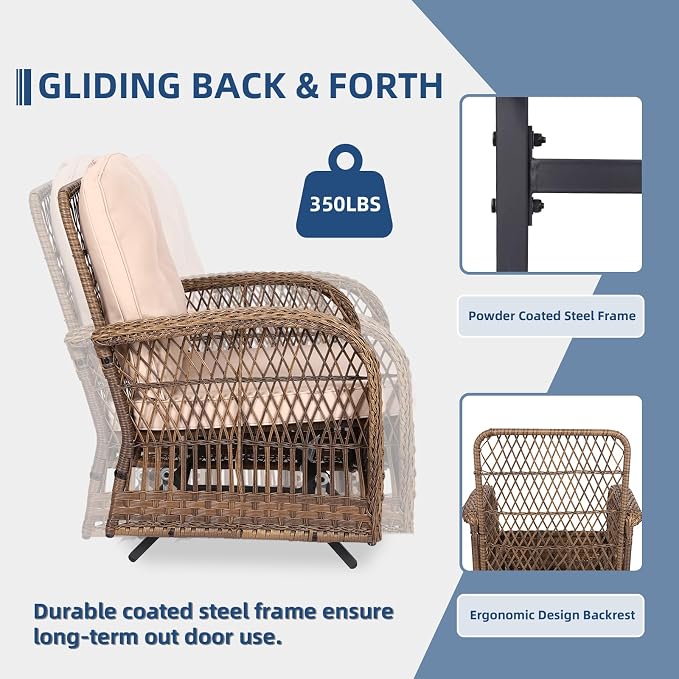 7-Piece Wicker Patio Furniture Sets Outdoor All-Weather Rattan Conversation Set Includes Glider Loveseat, 2 Glass-Top Coffee Tables, 2 Glider-Rocker Chairs for Porch Backyard, Light Brown