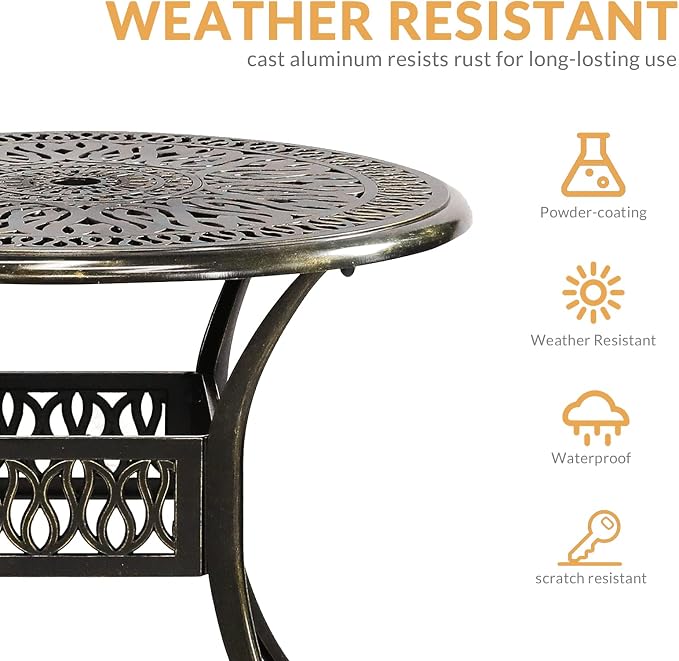 3-Piece Outdoor Patio Dining Set, All-Weather Cast Aluminum Patio Furniture Set for Backyard Garden Deck with 2 Chairs and 35.4” Round Table, 2" Umbrella Hole