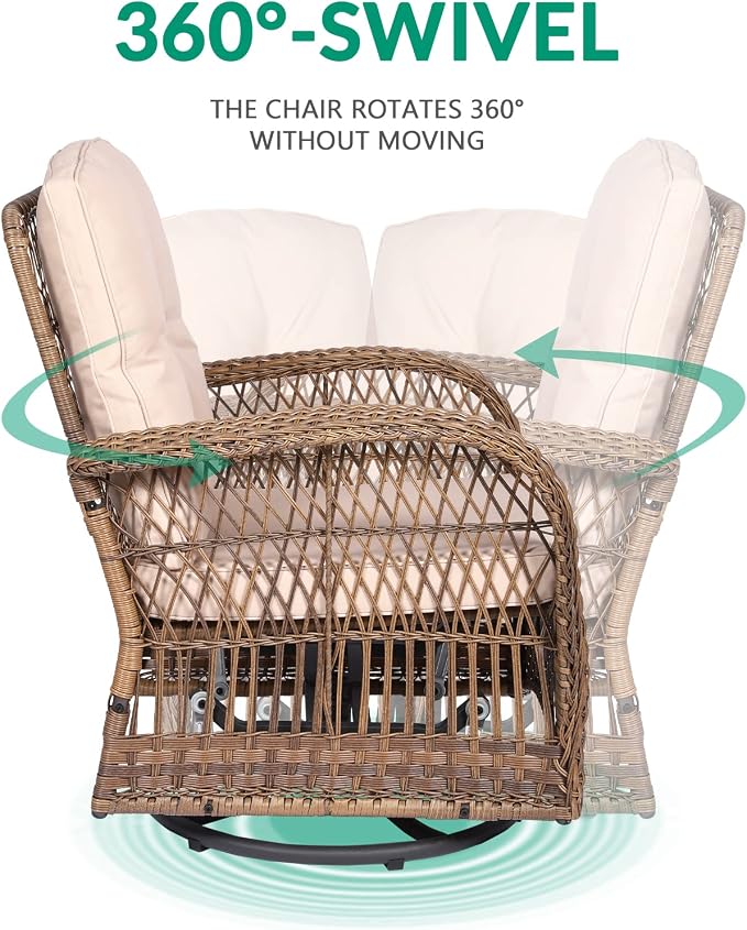 VIVIJASON 7-Piece Outdoor Patio Wicker Conversation Sets, All Weather Outdoor Rattan Furniture Set Includes Glider Loveseat, 2 Rocking Chairs, 2 Swivel-Gliders Chairs, 2 Coffee Table, Light Brown
