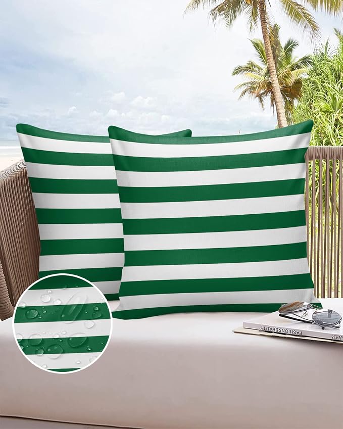 Outdoor Pillows 18x18 Waterproof Outdoor Pillow Covers Green Christmas Striped Vintage Polyester Throw Pillow Covers Garden Cushion Decorative Case for Patio Couch Decoration Set of 2 Farmhouse Xmas
