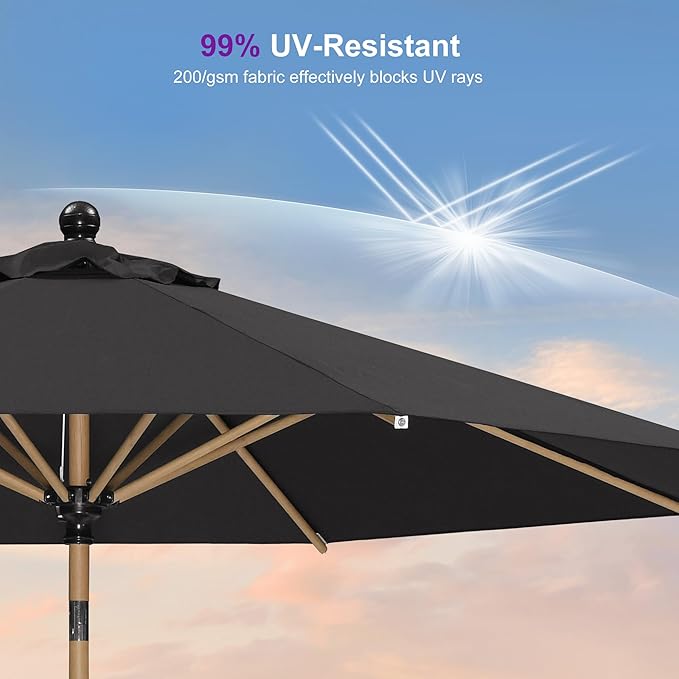 PURPLE LEAF 11 Feet Patio Umbrella with Base Market Umbrella Round Outdoor Umbrella with Push Button Tilt & Crank and 8 Ribs Aluminum Table Umbrella for Pool Backyard Beach, Black