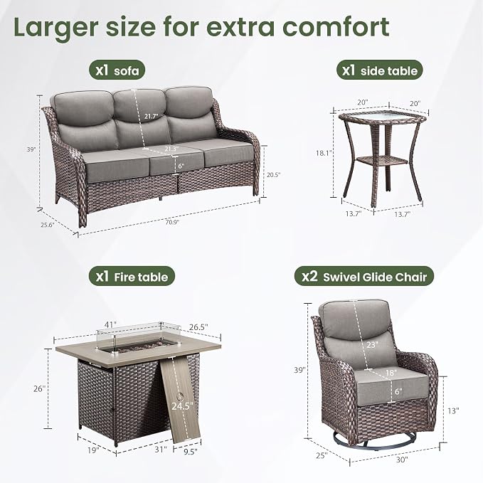 Luxury Patio Furniture Set with 6-inch Thick Cushion, Outdoor Furniture with Fire Pit Table, Swivel Chairs, Side Table, Sofa, 5pcs Wicker Conversation Set for Deck Yard (Brown Wicker | Grey Cushion)