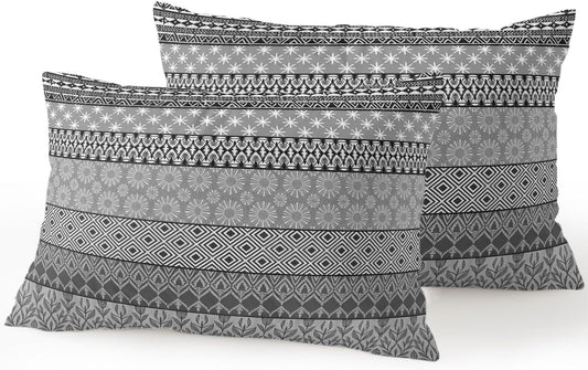 Waterproof Outdoor Pillow Set of 2 Grey Bohemian Decorative Throw Pillows Cover & Insert 20x12 Inch Lumbar Pillowcase Boho Style Floral Leaves Geometric Pillows for Couch Sofa Bed Patio Furniture