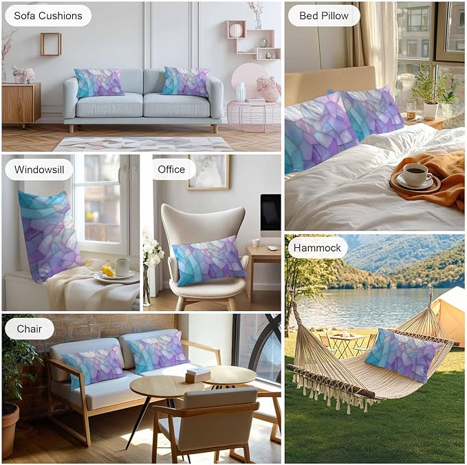 Blue Purple Gradient Outdoor Waterproof Pillow Covers Set of 2, Abstract Glass Geometric Marble Modern Pillowcase Decorative Throw Cushion Cases for Patio Garden Couch 20 x 12 Inches