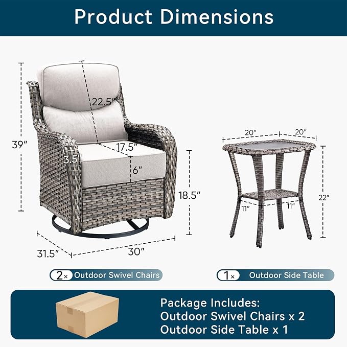 Luxury High Back Outdoor Swivel Rocker Patio Chairs with Side Table & 6-Inch Thick Cushions, 3 Pieces Patio Furniture Set for Porch, Balcony, Deck and Yard