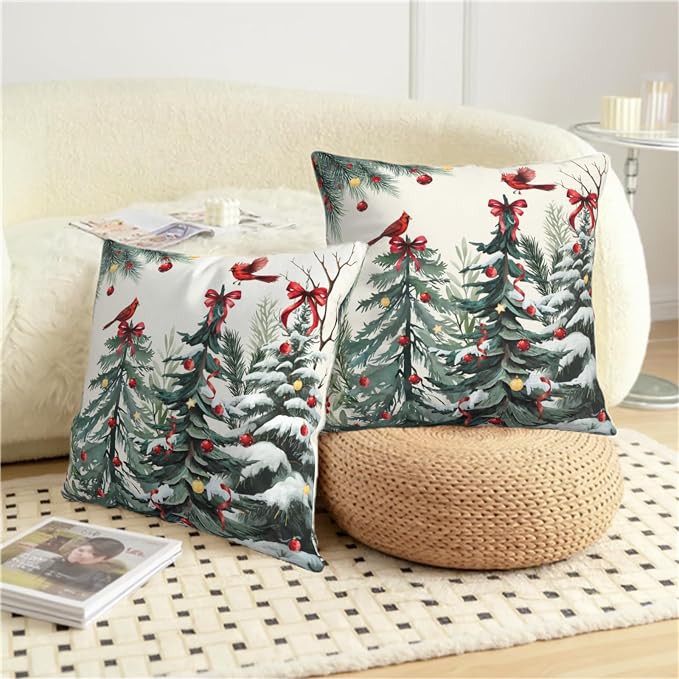 Set of 2 Christmas Tree Pillow Covers Snowy Pine Throw Pillow Covers 20x20 Green Xmas Tree Cardinal Bird Pillowcase Winter Holiday Cushion Case for Home Decor Couch Sofa
