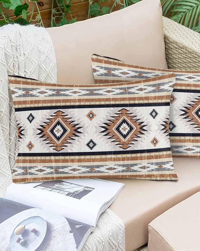 Outdoor Waterproof Throw Pillow Covers Set of 2 Orange Boho Aztec Lumbar Pillowcases 20x12 Inches Southwest Tribal Geometric Patio Decorative Pillows Cushion Case Patio Pillows for Couch Bed Garden