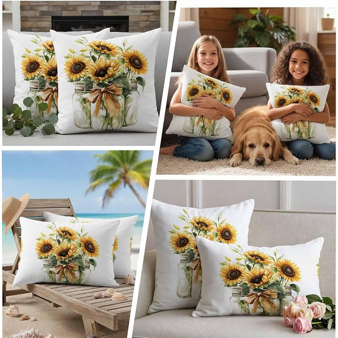 Sunflower Outdoor Waterproof Throw Pillow Covers Set of 2, 18"x18", Summer Watercolor Flower Bottle Retro Farm Decorative Pillow Covers Outside Cushion Case for Patio Porch Garden