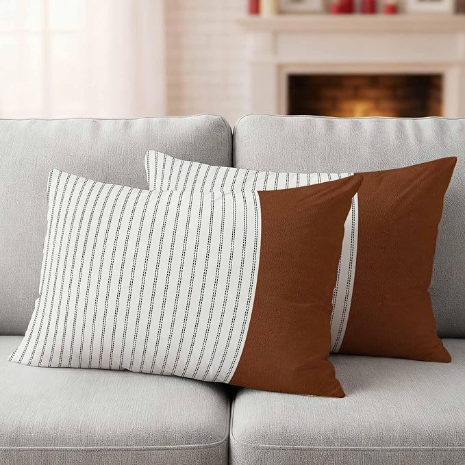 Boho Brown Leather Texture Outdoor Pillow Covers 20x12 Inch Lumbar Pillow Covers Set of 2 Waterproof Decorative Throw Pillow Cases Modern Black Striped Cushion Covers for Patio Furniture Garden Couch