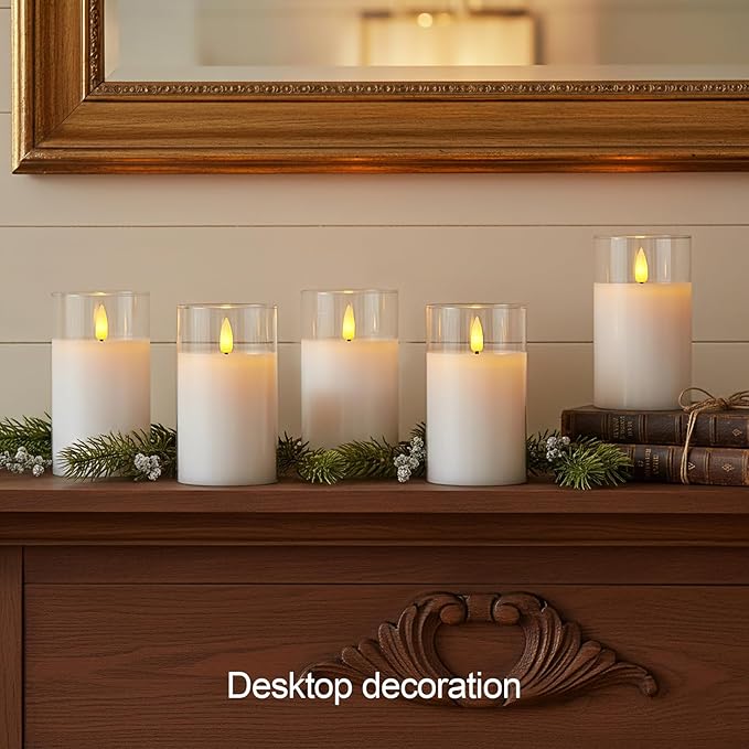 5plots Glass Battery Operated White Flameless Candles with Remote and Timer, 3D Wick Real Wax Pillar Led Candles Warm Flickering Light for Home, Halloween, Christmas Decor, Set of 3, D3 x H6 6" 6"