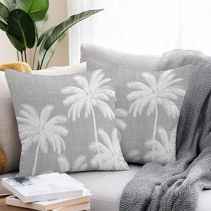 Outdoor Pillow Covers 20x20 Inch Set of 2, Grey Palm Trees Waterproof Throw Pillow Covers, Farmhouse Tropical Summer Beach Decorative Cushion Pillowcases for Couch, Sofa, Bed, Garden, Patio