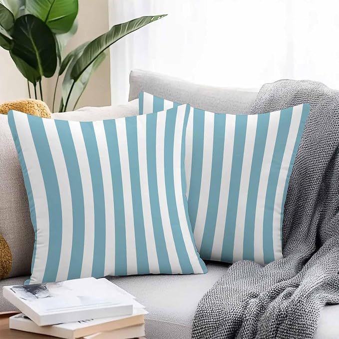 Aqua Striped Outdoor Waterproof Throw Pillow Covers 24x24 Set of 2, Modern Farmhouse Blue White Stripes Decorative Pillowcases Cushion Pillowcase for Couch Sofa Patio Outside Pillow Protector