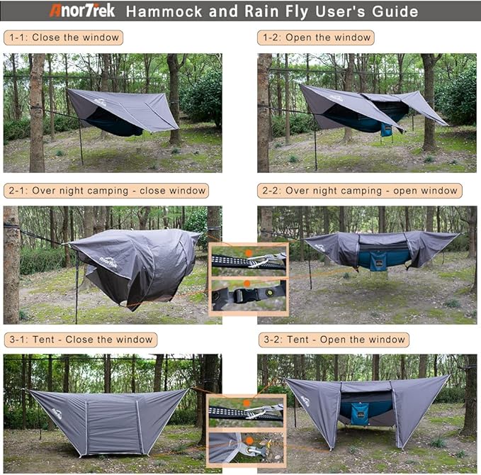 AnorTrek Camping Hammock with Mosquito Net and Rain Fly Tarp, Portable Double Hammock with Two Tree Straps, 230T Nylon Hammock and Waterproof Rain Fly Set for Hiking, Backpacking, Overnight (Blue)
