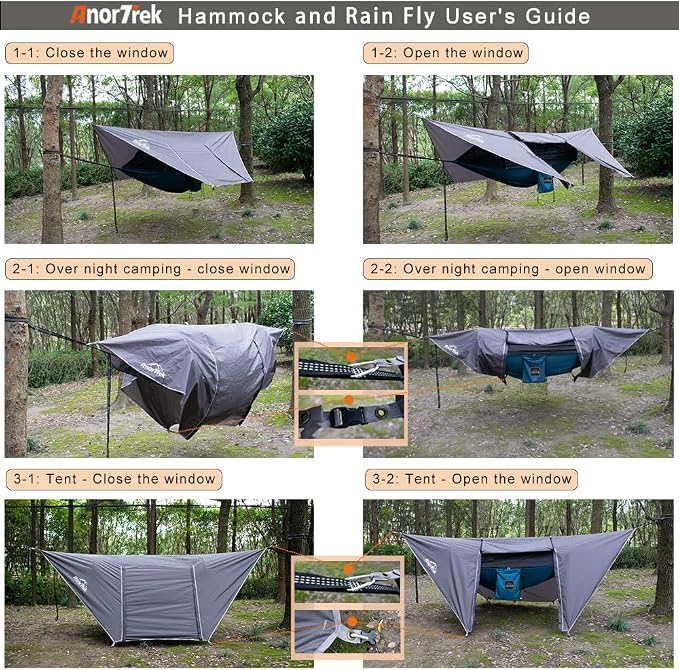 AnorTrek Camping Hammock with Mosquito Net and Rain Fly Tarp, Portable Double Hammock with Two Tree Straps, 230T Nylon Hammock and Waterproof Rain Fly Set for Hiking, Backpacking, Overnight (Green)