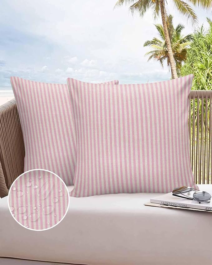 Outdoor Waterproof Throw Pillow Covers Set of 2 Pink Stripes Pillowcases 18x18 Inches Linen Classic Vertical Striped Patio Decorative Pillows Cushion Case Patio Pillows for Couch Bed Chair Garden