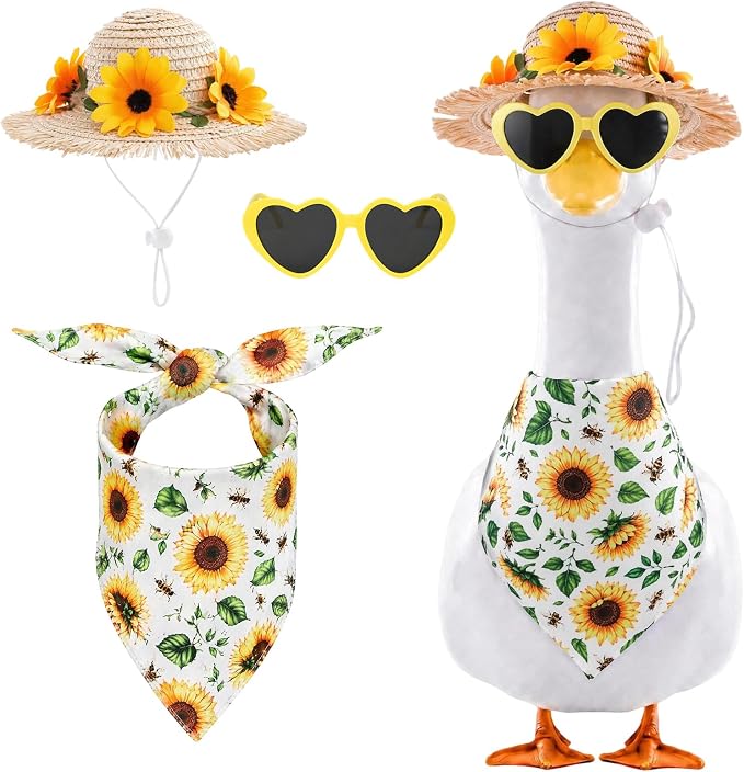 3Pcs Sunflower Outfit for Porch Goose - Fall Autumn Bowknot Straw Hat, Glasses with Bib Accessories for 23'' Cement Statue, Garden Lawn Thanksgiving Halloween Outdoor Decoration
