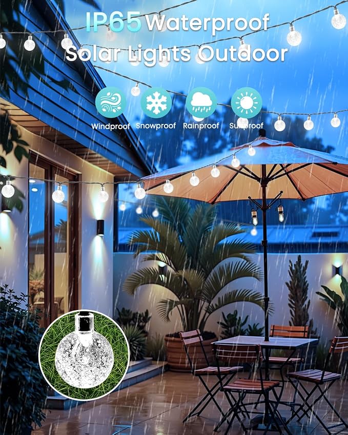 Solar String Lights Outdoor Waterproof 2 Pack 120 LED 72FT Patio Lights | White Crystal Globe, 8 Lighting Modes, Auto On/Off, Solar Powered String Light for Outside Yard Wedding Party Decorations