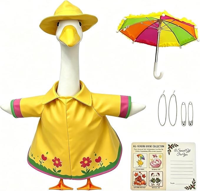 Floral Raincoat Porch Goose Outfits: 3 Pcs/Set Yellow Lawn Goose Statue Rain Coat Costume with Umbrella Hat - Summer Yard Goose Clothes for 23 Inch Goose Statue - Patio Garden Porch Lawn Outdoor Decor