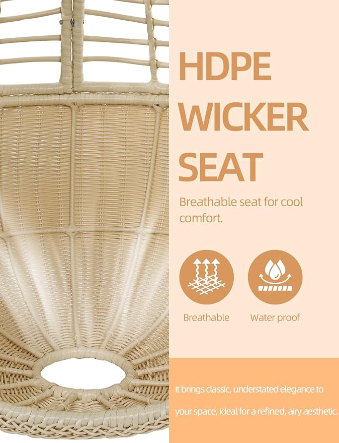 Eremi Hanging Egg Chair with Stand, Indoor Outdoor Wicker Rattan Swing Hammock Chair for Patio Porch Bedroom, Beige Cushioned Lounge Chair, 400 LBS Capacity
