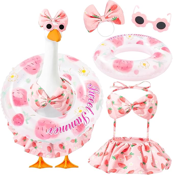 Summer Porch Goose Outfit with Sunglasses and Swim Ring for 23" Goose Statue Hawaiian Bikini Goose Outfits Porch Goose Clothes Costume for Garden Lawn Yard Decor(Strawberry)