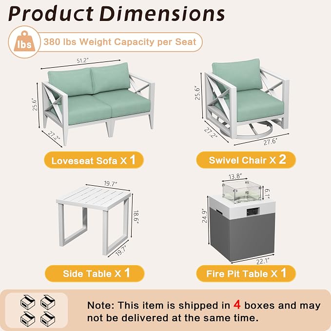 4-Seat Aluminum Patio Furniture Set with Fire Pit – Outdoor Conversation Set with 2 Swivel Rocking Chairs & 37,000 BTU Propane Table, All-Weather for Balcony & Garden – White