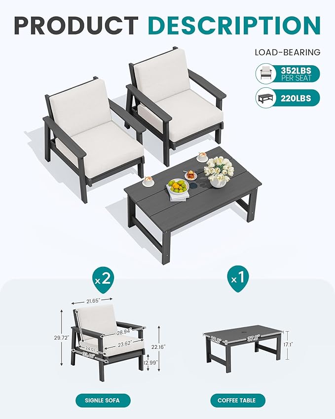 SERWALL HDPE Outdoor Couch, Grey Frame and Khaki Cushion