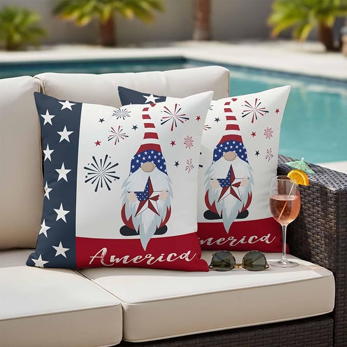 Gnomes with Outdoor Waterproof Throw Pillow Covers Set of 2, 16"x16", American Flag Decorative Pillow Covers Outside Cushion Case for Patio Porch Garden