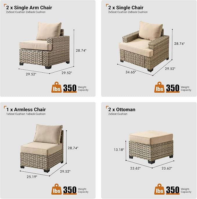 ovios 7 Piece Patio Sectional Furniture, Rattan Wicker Coversation Couch Set, Outdoor Sofa Set for Outside Porch Balcony Backyard Pool,Beige
