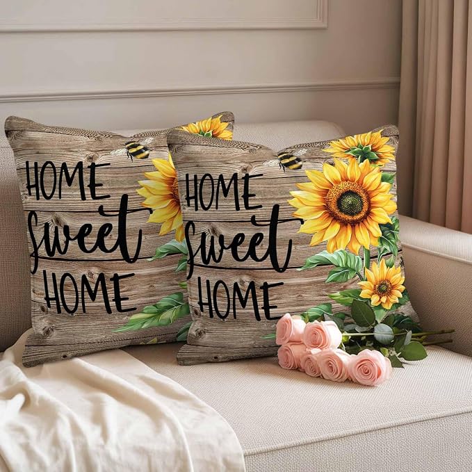 Throw Pillow Covers 16x16 Inch Set of 2, Sunflower Bee Waterproof Outdoor Pillow Covers, Farmhouse Country Wooden Plank Brown Decorative Cushion Pillowcases for Couch, Sofa, Bed, Garden, Patio