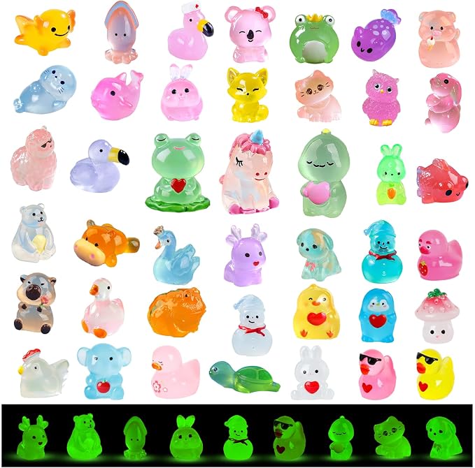 50 Pcs Glow in Dark Mini Resin Animals, Non-Repeating Assorted Styles | Waterproof, Fade-resistant, Features Rare Frog & Unicorn Styles for Mini Garden, Terrarium & Home Decor