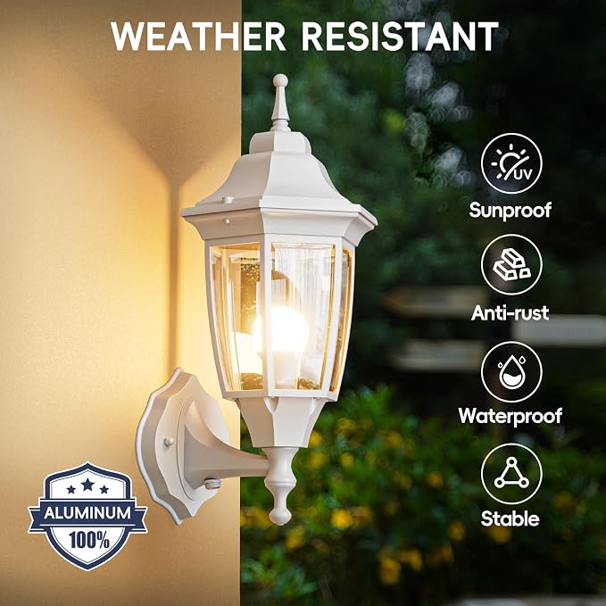 EMART Dusk to Dawn Outdoor Porch Light with Bulb, Wall Lamp(2 Pack, White) | Exterior Anti-Corrosion, Waterproof Aluminum & Glass Shades, Modern Sconce Lantern Fixtures for Outside, House, Garage