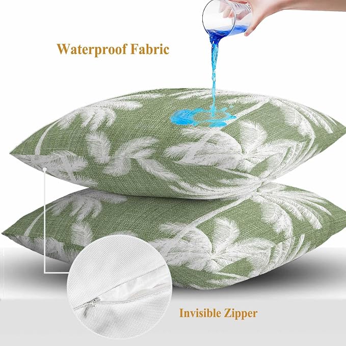 Outdoor Pillow Covers 26x26 Inch Set of 2, Dark Sage Green Palm Trees Waterproof Throw Pillow Covers, Tropical Summer Beach Decorative Cushion Pillowcases for Couch, Sofa, Bed, Garden, Patio