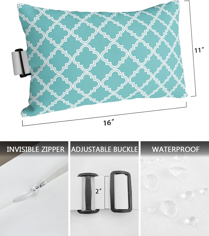 Outdoor Pillows Covers with Inserts Cyan Moroccan Pattern Geometric Waterproof Recliner Pillow with Adjustable Strap Throw Pillows for Patio Furniture Pool Lounge Chair, 11x16 inch, 1PCS