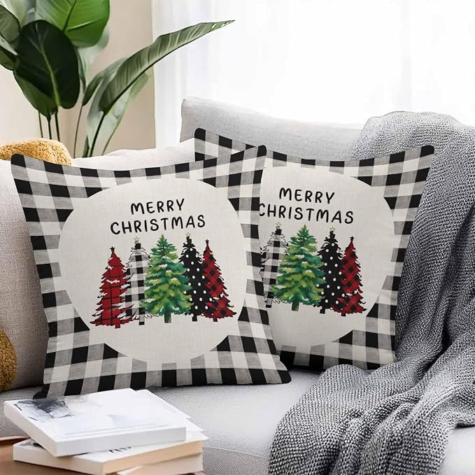 YOKOU Outdoor Throw Pillow Covers, Merry Christmas Tree Geometric Xmas Trees Watercolor Black Plaid Waterproof Pillowcases Cushion Covers Cases for Patio Couch Bench, Pack of 2 Square, 20"X20"