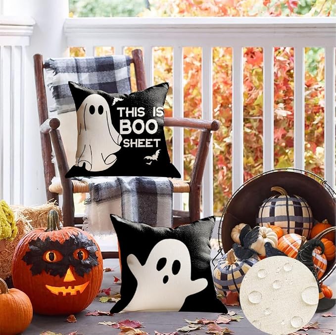 RABUSOFA Halloween Pillow Covers 20x20 Inch Halloween Decorations Outdoor | Waterproof Set of 4,Spooky Ghost Bat,Hocus Pocus Quote Decor,Black and White,Supplies Accessories for Home Couch Party