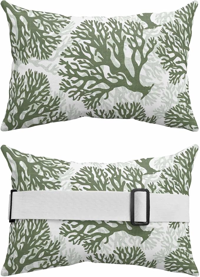 Outdoor Lumbar Pillow Set of 2, Dark Green Coral Waterproof Beach Headrest Pillow with Inserts, Coastal Summer Ocean Nautical Sea Recliner Throw Pillows for Patio Furniture, 12 x 20