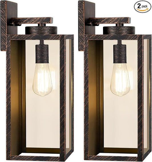 BesLowe 15’’ Large Outdoor Wall Lights, Porch Lights Distressed Brown | Waterproof Metal Construction, Rust-resistant, Quick & Easy Installation, Clear Glass Shades & Standard E26 Socket