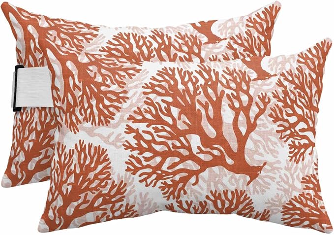 Outdoor Lumbar Pillow Set of 2, Red Coral Waterproof Beach Headrest Pillow with Inserts, Coastal Summer Ocean Nautical Sea Recliner Throw Pillows for Patio Furniture, 11 x 16