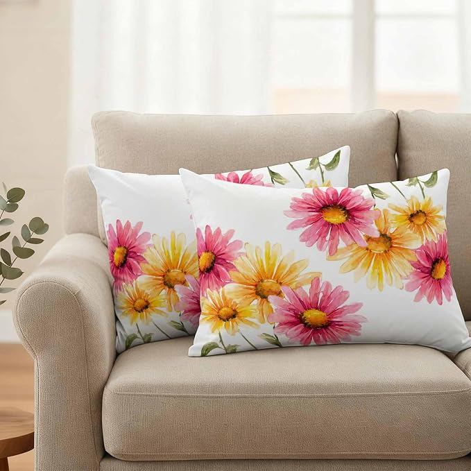Yellow Pink Daisy Outdoor Pillow Covers 20"x12" Set of 2, Rustic Farmhouse Boho Wildflowers Waterproof Throw Pillow Covers for Patio Furniture, Decorative Cushion Covers for Porch