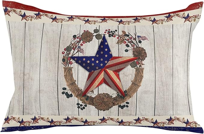 4th of July Waterproof Pillow Covers for Couch Throw Pillow Cases Set of 2, Farm Country Star USA Flag Decorative Cushion Pillow Covers 20x12In,Indoor Outdoor Decoration Berry Plant Wreath Wood Grain