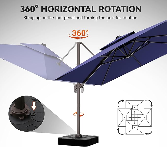 GENTEACO 10X10 FT Cantilever Umbrella, Large Offset Patio Umbrella with Double Top, 6 Angle Tilts & 360° Rotation, Large Square Sun Umbrellas for Outdoor Patio Pool Deck Market, Navy Blue