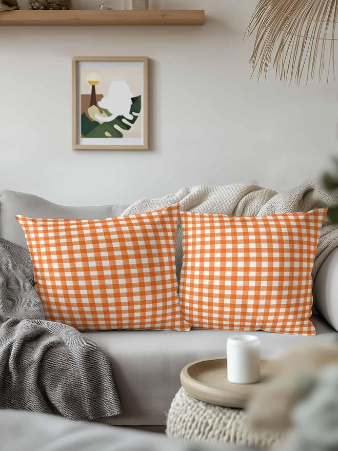 Outdoor Waterproof Throw Pillows Orange Buffalo Plaid Patio Pillows,Decorative Pillow Covers with Insert,Pillow Cushion Case for Garden Couch Sofa Classic Gingham Check Watercolor