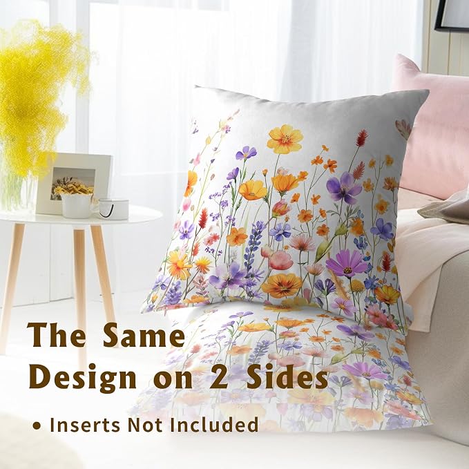 Watercolor Wildflowers Throw Pillow Covers 22x22 Inch Pack of 2, Orange Purple Floral Leaves Spring Summer Seasonal Square Cotton Pillowcases for Couch Sofa Garden Outdoor Decor