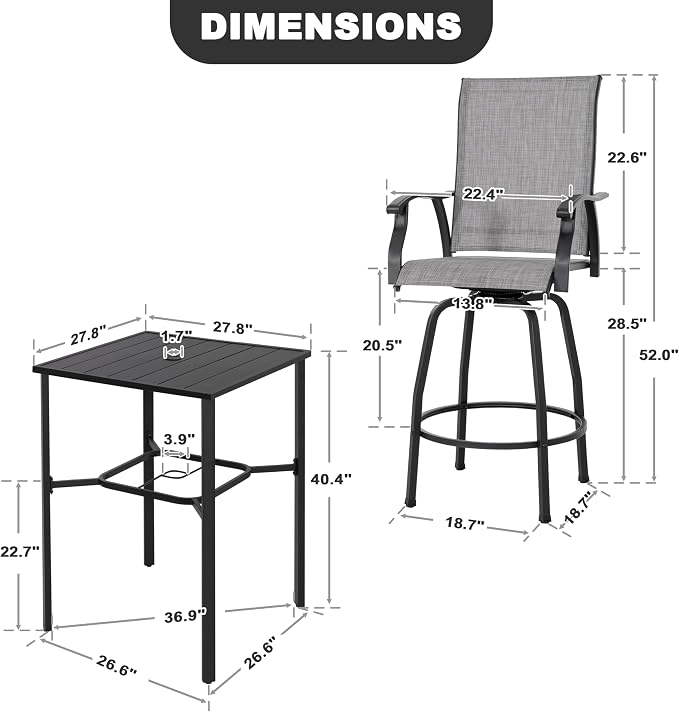 NUU GARDEN 5 Piece Patio Swivel Bar Set, All-Weather Textilene High Bistro Stools, Square Bar Table with Slatted Tabletop and Umbrella Hole for Sunroom, Backyard and Balcony