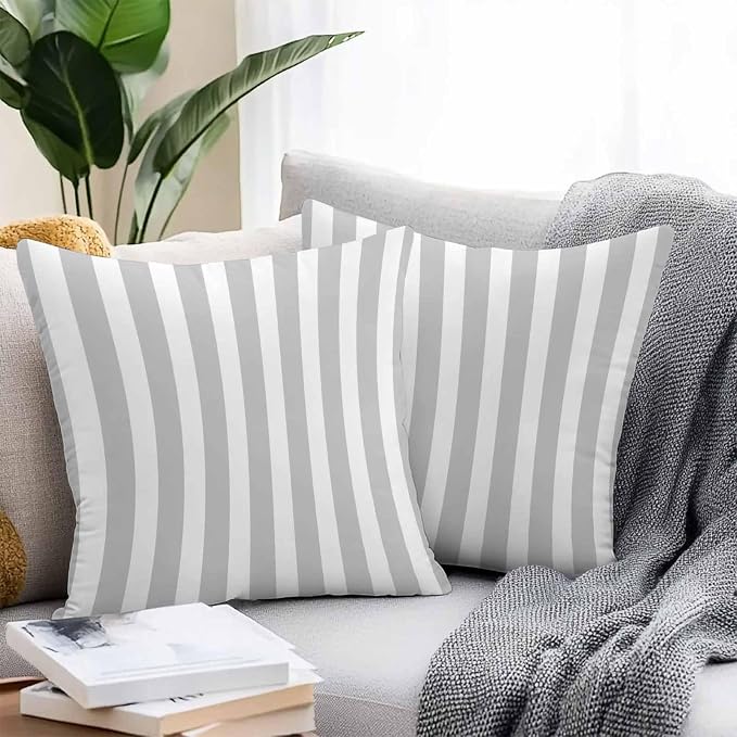 Grey Striped Outdoor Waterproof Throw Pillow Covers 16x16 Set of 2, Modern Farmhouse Gray White Stripes Decorative Pillowcases Cushion Pillowcase for Couch Sofa Patio Outside Pillow Protector