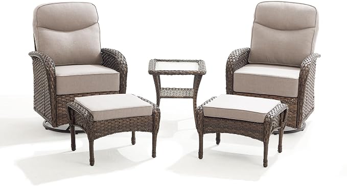 Outdoor Swivel Rocking Chair Patio Set (5-Piece), High-Back - Thick Cushion Swivel Rocking Chair Patio Set, All-Weather Wicker Patio Furniture Set, Suitable for Balcony Patios, Brown/Beige