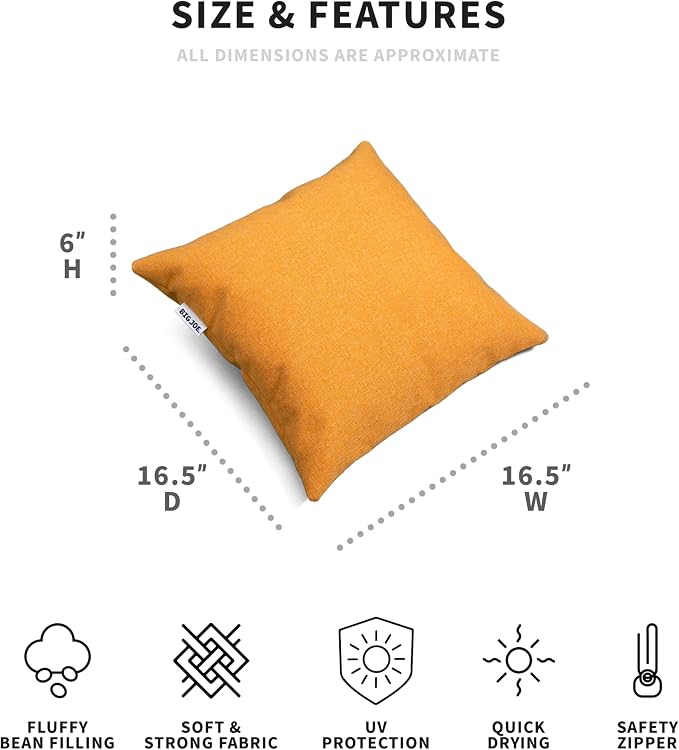 Big Joe Square Pillow Weatherproof Bean Bag Decor, Mustard Intertwist, Weather Resistant UV-Protected Fabric, 16 inches | Polystyrene Bean Filled, Refillable, Outdoor Intertwist, UV-Protected, Weather-Resistant, Fade-Proof Fabric