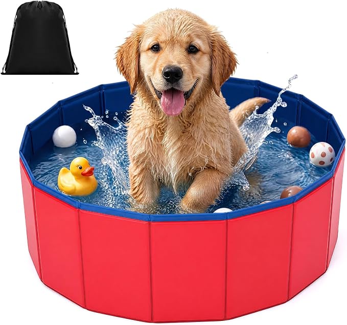 Chunful Red Foldable Dog Pool with Storage Bag, Pet Swimming Pool Hard Plastic Portable Bath Tub for Dogs, Cats, Backyard, Beach, and Summer Play, Indoor & Outdoor Use (24" X 8")