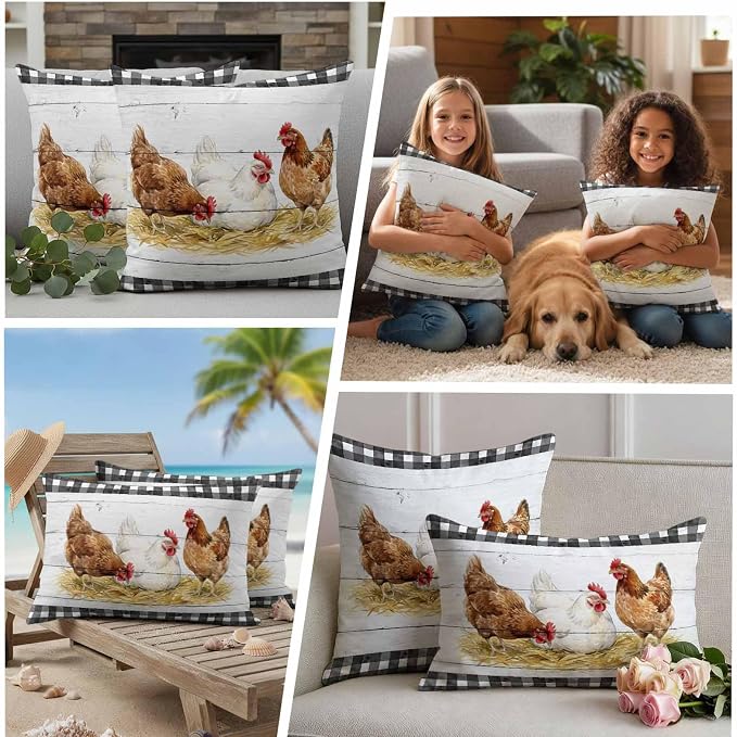 Farmhouse Rooster Outdoor Waterproof Pillow Covers, Farm Chicken Animals Retro Grey Wooden Decorative Square Throw Pillowcase Sofa Cushion Sham for Patio/Couch/Chair, 16"x16" 2 Pack