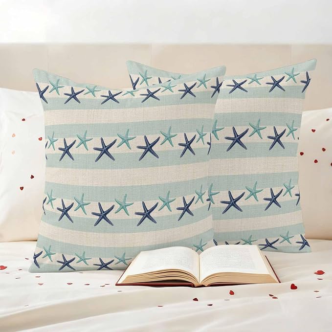 Summer Ocean Starfish Outdoor Pillow Covers Set of 2 Nautical Farmhouse Blue Teal Starfish Rustic Stripe Waterproof Throw Pillow Cover Decorative Cushion Cases for Patio Porch Garden 18X18 Inch